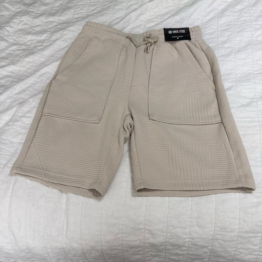 ENCRYPTED Men's Cream Textured Drawstring Athletic Shorts